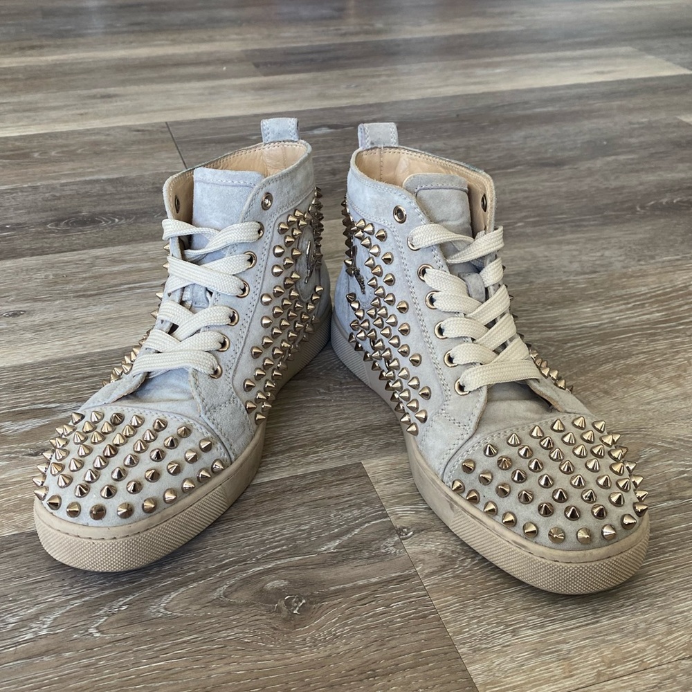 Christian Louboutin Light Gray Suede Spike High-Top Sneakers - Picture 2 of 6